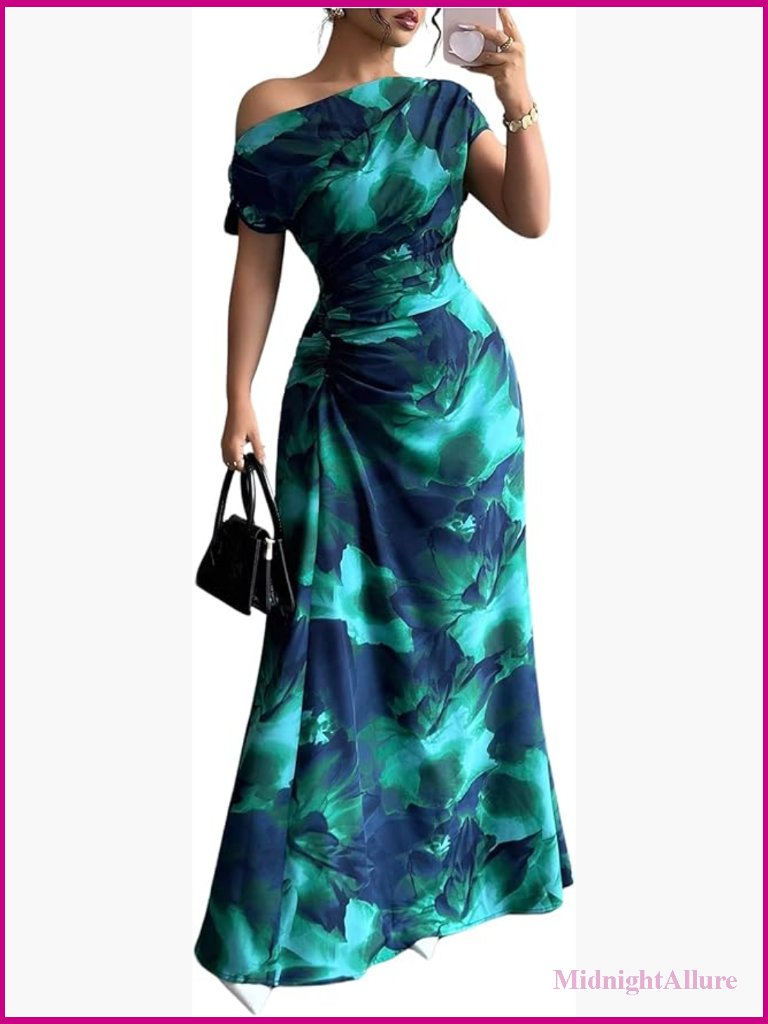 Short Sleeve Floral Maxi Dress A-Line Asymmetric Neck Formal